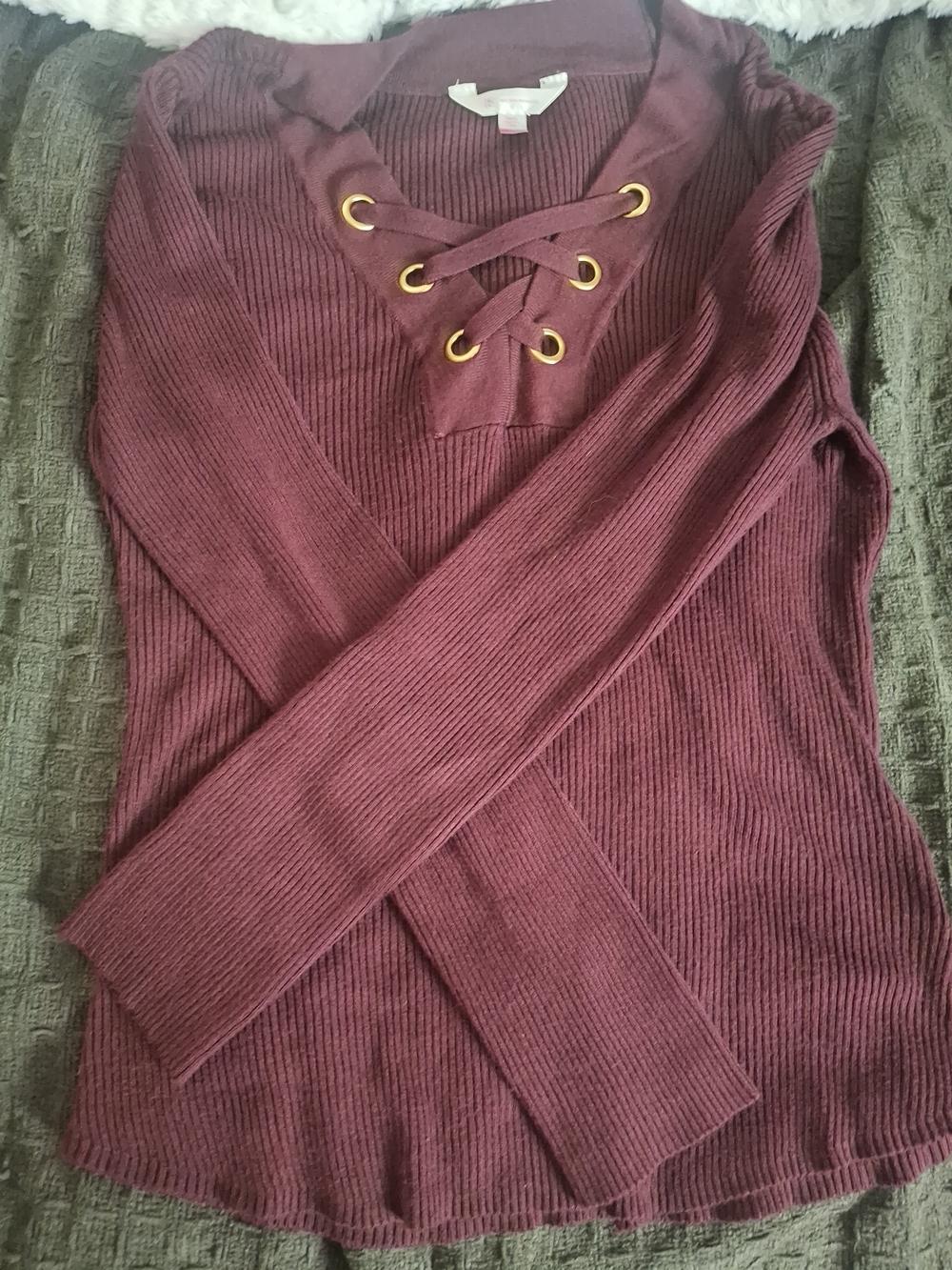 No Boundaries Burgundy Lace-Up Ribbed V-Neck Sweater